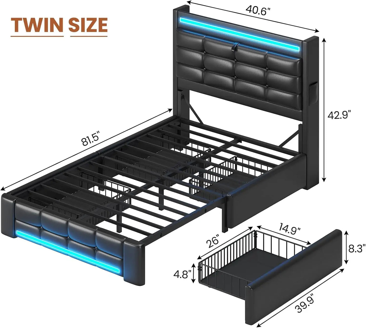 Twin Bed Frame with Storage Headboard, 4 Drawers, LED & Charging, Upholstered, No Box Spring, Black PU