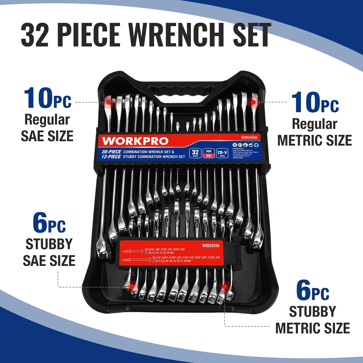 WORKPRO 32-Piece SAE & Metric Combination Wrenches Set, 20-Piece Standard wrenches and 12-Piece Stubby Wrenches with Organizer