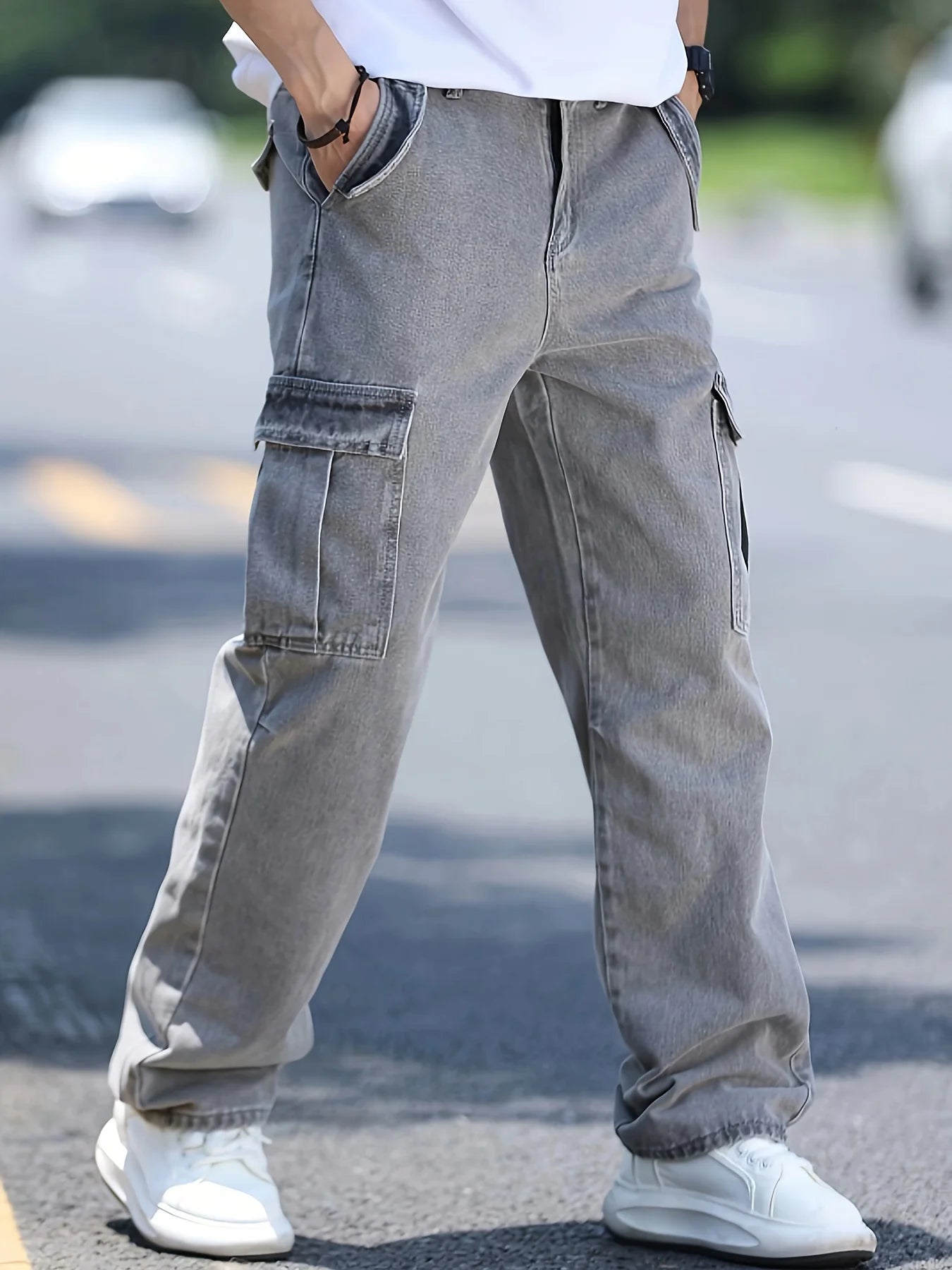 Men's multi pocket denim work pants straight leg denim pants