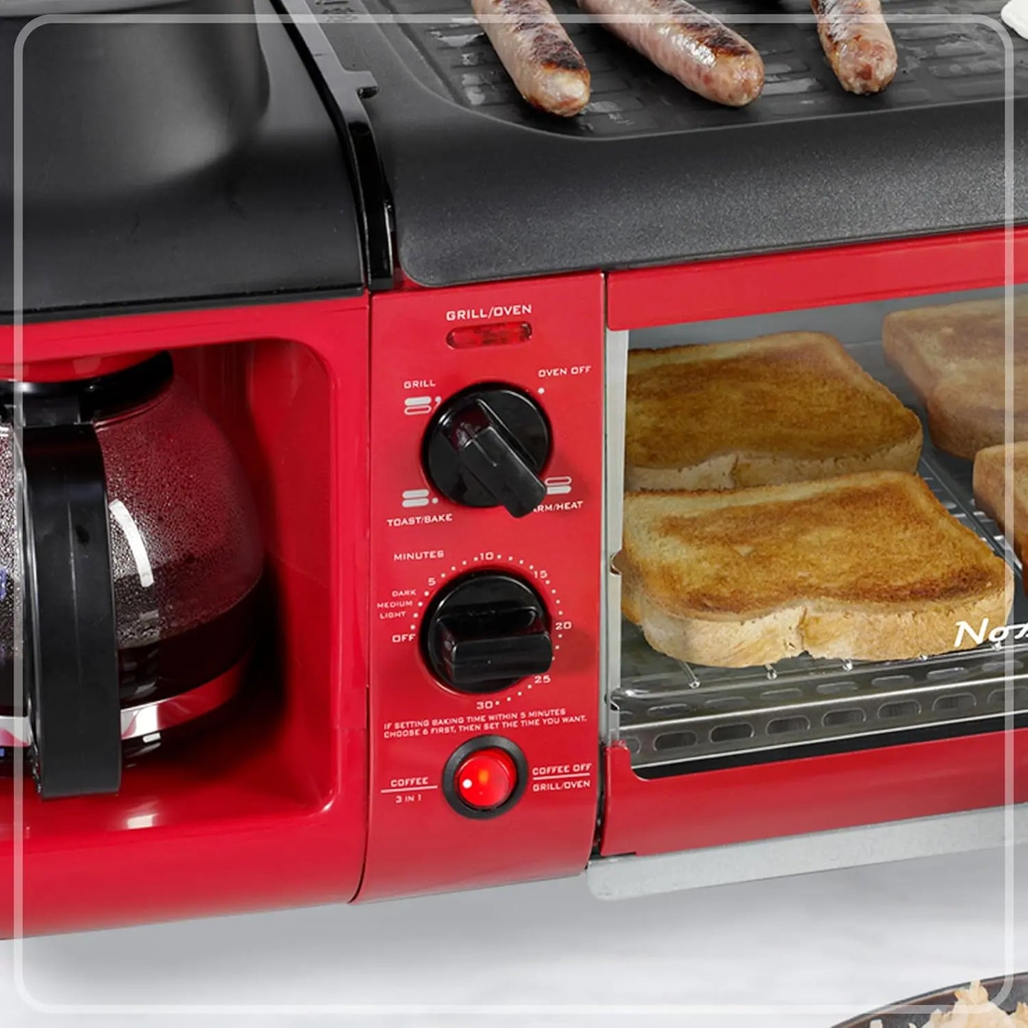 3-in-1 Breakfast Station: Coffee Maker, Griddle & Toaster Oven with Timer - Red