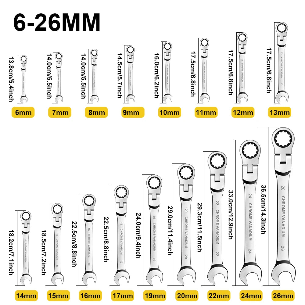 12/14/16/17pcs Flex-Head Ratchet Wrench Set, 6-26mm, 72 Teeth, Cr-V Constructed Combination Ended Span Kit with With Rolling Pou