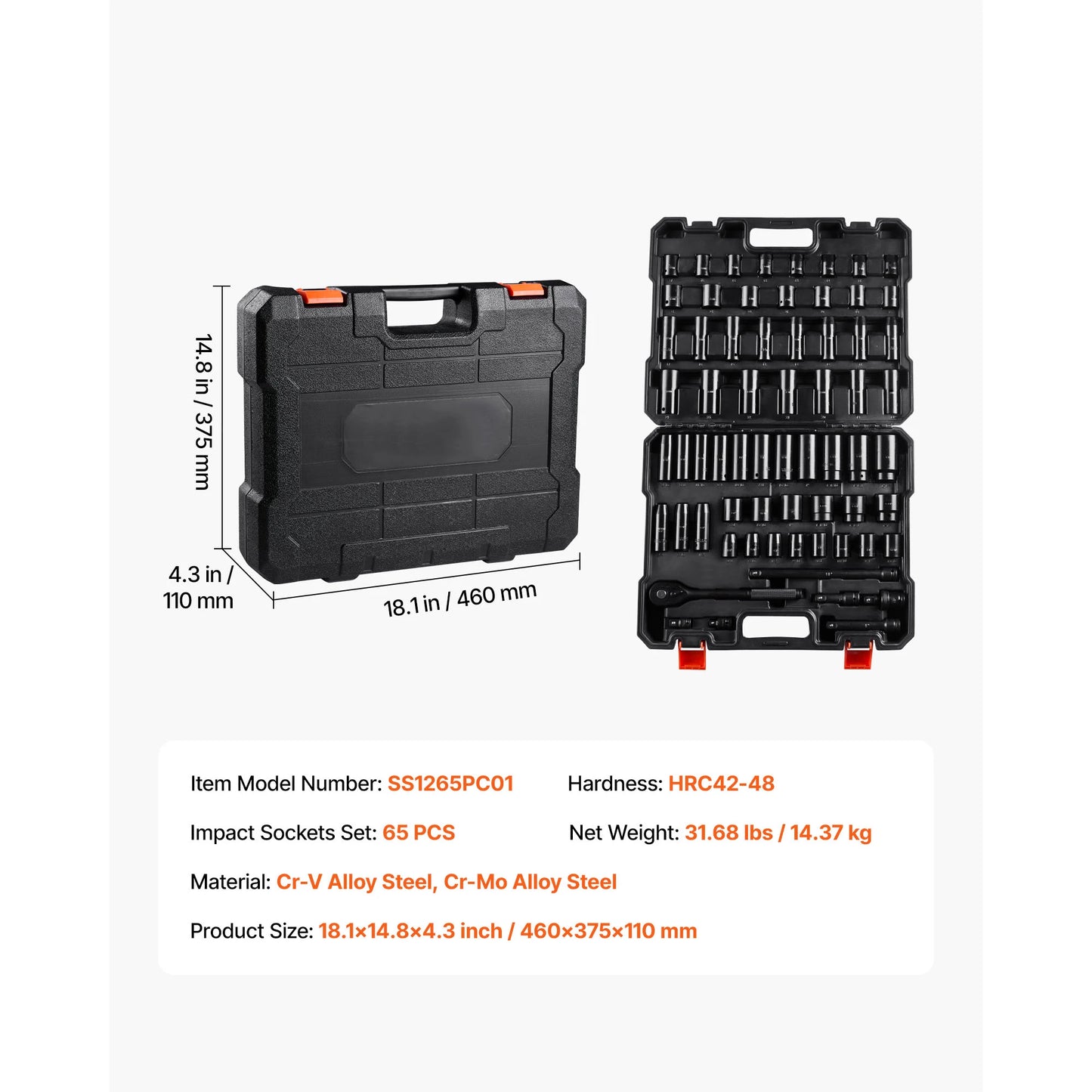 SucceBuy 26/65PCs US Plus Drive Impact Socket Set Deep Standard Socket Set SAE Metric 6 Point CR-V Cr-Mo Alloy Steel Auto Repair