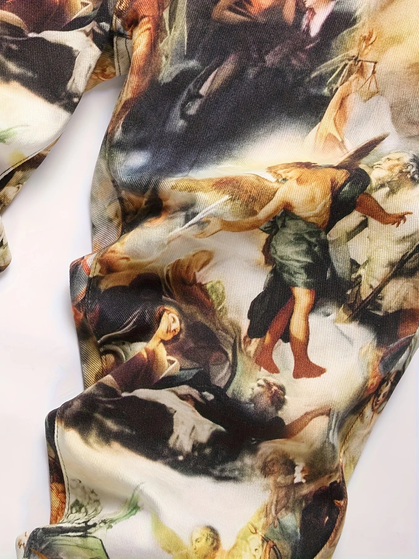 Men's creative oil painting printed jeans, European retro denim straight leg pants