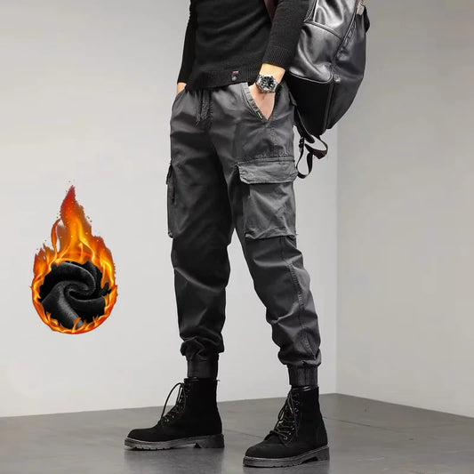 Men's Winter Snow Warm Thermal Plush Cargo Pants Comfortable Elastic Waist Casual Trousers Trend Versatile Concise Outside Pants