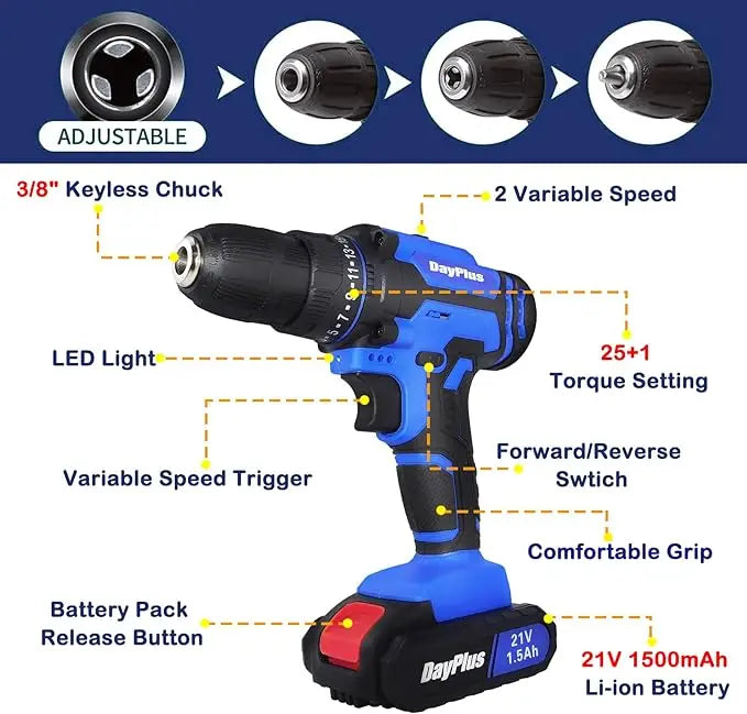 21V Electric Drill Driver, Kit with 1 Battery and Charger, 26 Drill/Screwdriver Bits, DIY Home Use