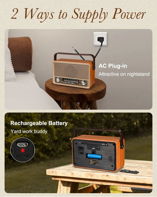 PRUNUS J-120 Radio Portable AM FM, Transistor Radio Plug in Wall Powered Radio for Home Outdoor,Retro Vintage Bluetooth Speaker