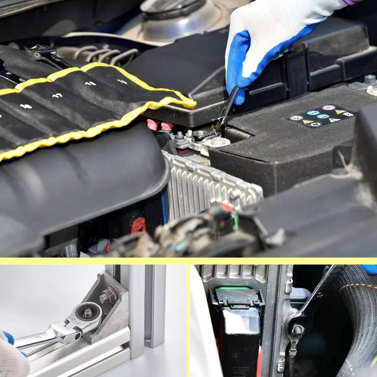 12/14/16/17pcs Flex-Head Ratchet Wrench Set, 6-26mm, 72 Teeth, Cr-V Constructed Combination Ended Span Kit with With Rolling Pou