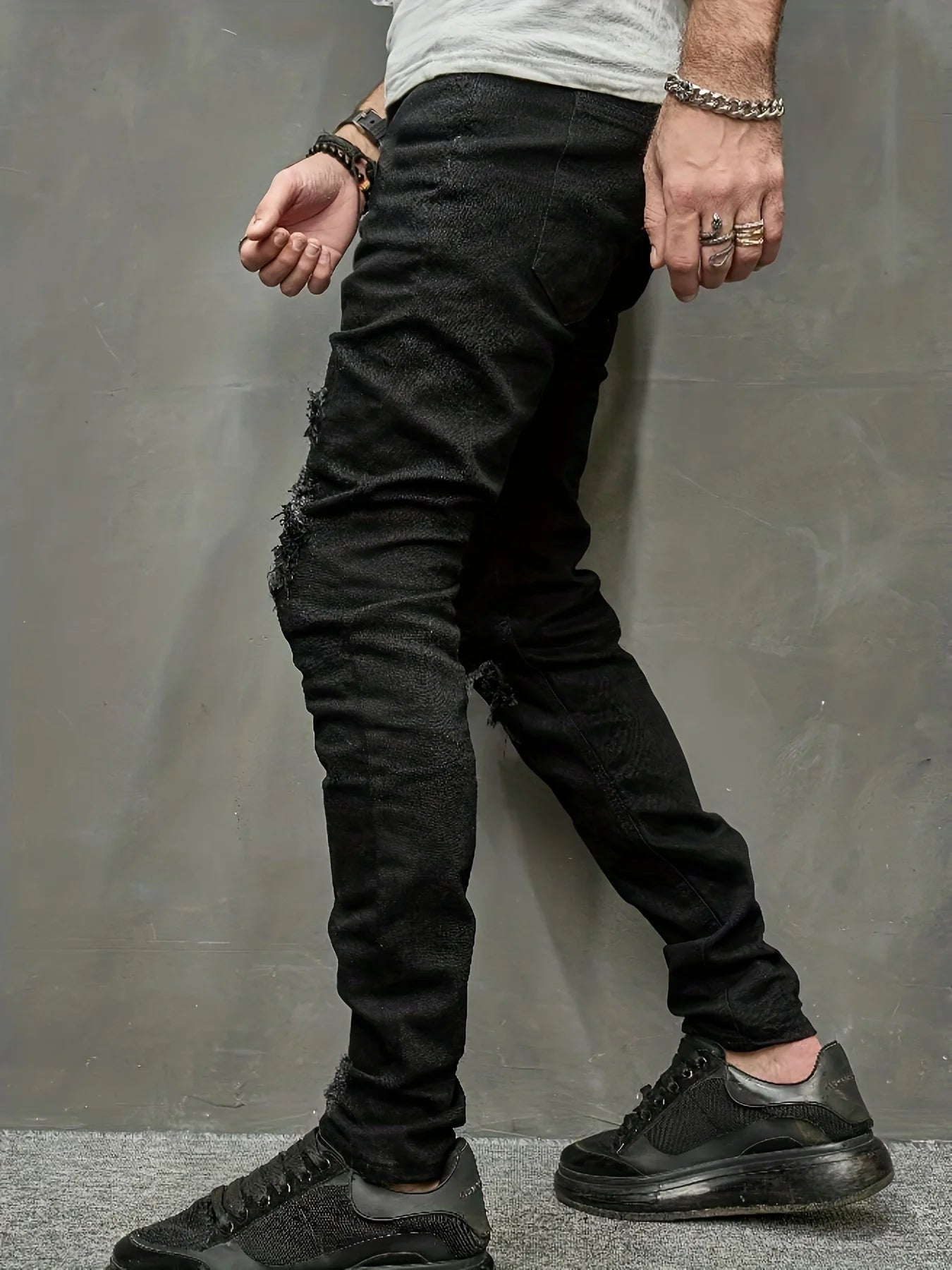 Men's slim fit jeans with torn holes, fabric patch, small feet, tight fitting denim pants