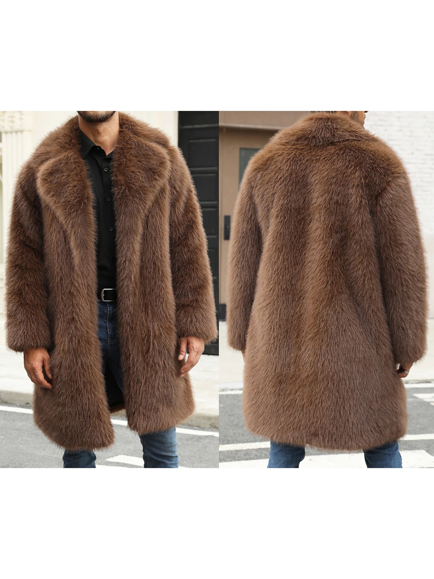 Men s Faux Fur Coat Winter Warm Long Sleeve Lapel Collar Open Front Jacket Overcoat Outwear with Stylish Design and Comfortable